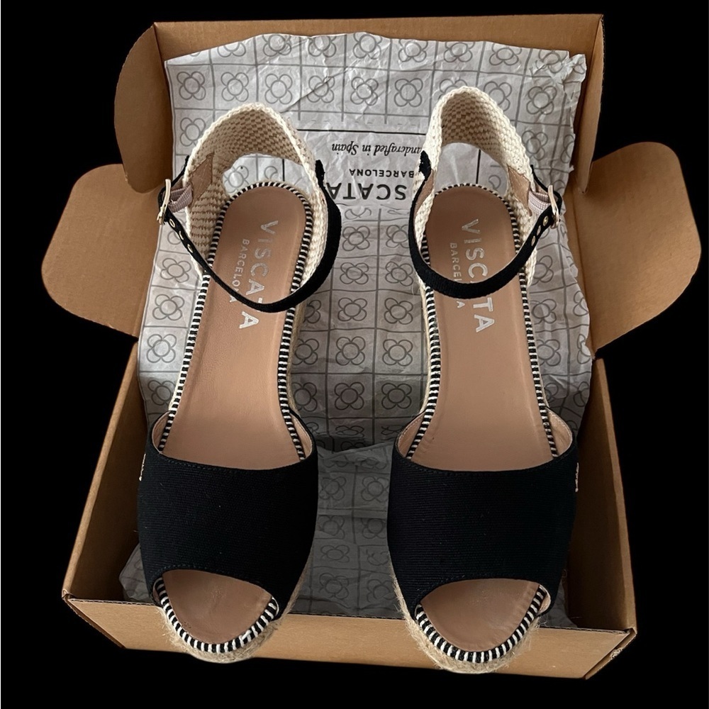 Viscata Italian Black and Cream Espadrille Wedge Sandals with Ankle Strap - Picture 3 of 9